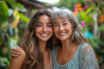 happy, hug and portrait of a mother and woman in a garden on mothers day with love and gratitude. sm