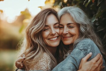 Happy, hug and portrait of a mother and woman in a garden on mothers day with love and gratitude. Smile, family and an adult daughter hugging a senior, Generative AI