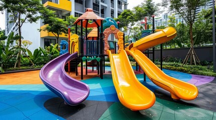 Modern colourful Children Playground with different slides in Singapore under HDB residence