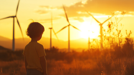 Child Watching Wind Turbines at Sunset in Golden Light