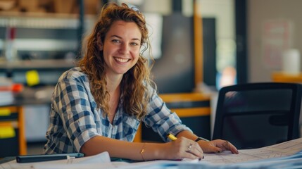 Sticker - Portrait of smiling woman working on construction plan