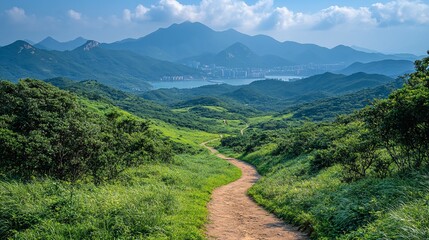 Wall Mural - A scenic view of the green hills and winding paths of Lantau Island, with the Big Buddha statue visible in the distance.