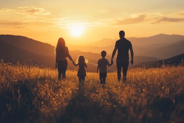 Wall Mural - Happy family: mother, father, children son and daughter on sunset, Generative AI