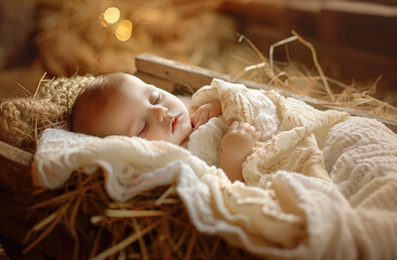 Wall Mural - A baby Jesus is sleeping in the manger, with soft lighting and a peaceful atmosphere