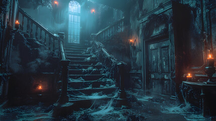  A haunted house on Halloween with cobwebs, spiders, and ghostly apparitions, creating a truly eerie atmosphere 