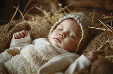 Wall Mural - A baby Jesus is sleeping in the manger, with soft lighting and a peaceful atmosphere