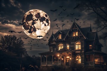 Poster - halloween, night scene with full moon and bats flying above, haunted house background with glowing w