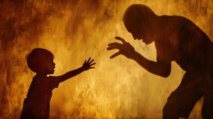 A child reaches towards a shadowy figure on a textured yellow wall.