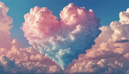 Clouds in the sky in the shape of a heart with pastel colors. Love concept. Valentine's Day hearts, beautiful colorful clouds in the background.