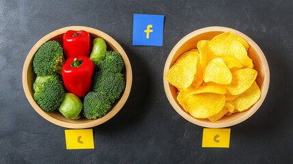 One hand holding bowl of vegetable salad, other holding chips. Healthy natural organic fresh vegetarian food vs unhealthy processed fast junk food