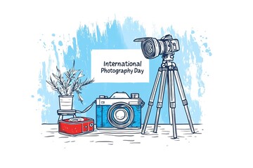 World Photography Day with World Map Background, photographer taking photo. World Photography Day social media banner and instagram banner post design