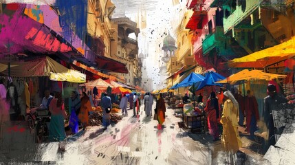 Poster - Create an AI image of a bustling market street with vibrant colors, stalls, and people, capturing the energy of a lively urban area.