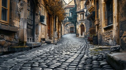 Sticker - Create an AI image of a historic cobblestone road in an old European town, with quaint buildings and a nostalgic feel.