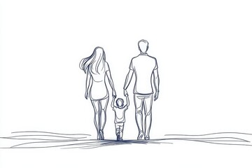 Happy family in continuous line art drawing style. Front view of parents with their little kid holding hands and walking together black linear sketch isolated on white background. , Generative AI