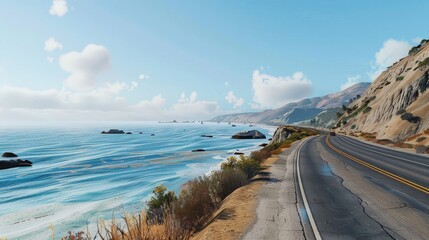 Sticker - Create an AI image of a scenic coastal road with cliffs, beaches, and the vast ocean, highlighting the beauty of the seaside.