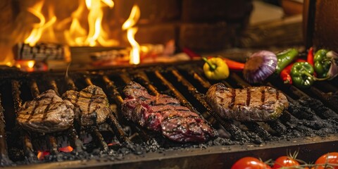 Wall Mural - Meat pepper and eggplant grilling on a traditional Uruguayan parrilla with firewood and flames in a restaurant kitchen