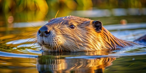 Beaver Portrait in Golden Light, Water Reflection, Wildlife Photography, Nature, Animal, Beaver, Wildlife