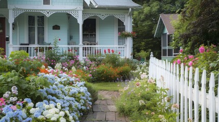 Poster - Create an image of a charming cottage exterior with a white picket fence, blooming flowers, and a quaint porch, evoking a sense of cozy country living.