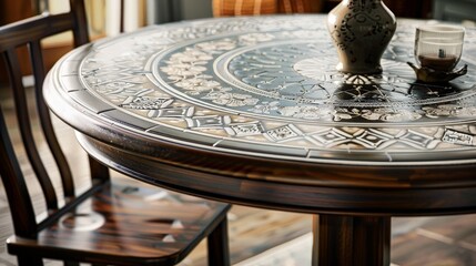 Poster - Create an image of a handcrafted ceramic-topped table with intricate patterns, adding a touch of artistry to any room.