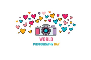 Wall Mural - World Photography Day with World Map Background, photographer taking photo. World Photography Day social media banner and instagram banner post design