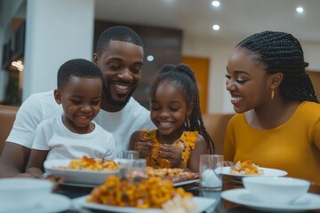 Happy black family enjoying in meal at dining table at home, Generative AI