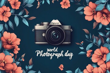 Wall Mural - World Photography Day with World Map Background, photographer taking photo. World Photography Day social media banner and instagram banner post design