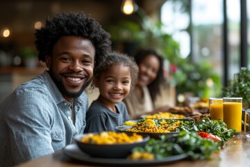 Happy black family enjoying in meal at dining table at home, Generative AI