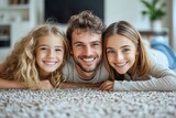 Fototapeta Natura - Happy young family lying on carpet at home, Generative AI