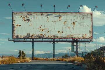 A worn-out billboard stands on the side of a road, with faded advertisements and peeling paint