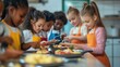 © FACTORY GRAPHICA  - a group of multiethnic children cooking in aprons and chef hats in school