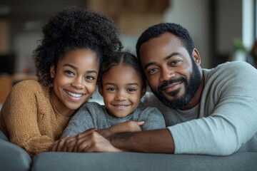 Happy family leaning on sofa at home, Generative AI