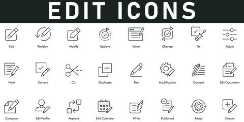 Edit Icons vector illustration with thin line editable stroke contain revision, modify, update, change, fix, adjust, note, create, adapt, published, write, edit calendar, replace, compose,  duplicate