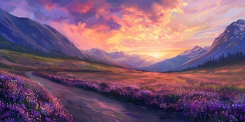 Serene road through meadows with mountains and a vibrant sunset