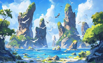 Wall Mural - The river flows through a fantasy landscape gorge, passing a huge blue lake in the middle of the mountains. This is an illustration of the incredible seascape and fabulous nature that can be seen