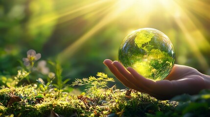 Wall Mural - Ecological day. Earth Day. Hand holding crystal globe. Limiting climate change through renewable energy-based green businesses.