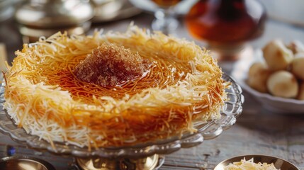 Describe the art of making traditional Ramadan desserts like Kunafa. Write about its layers of shredded pastry, sweet cheese, and fragrant sugar syrup, embodying the indulgence of festive sweets