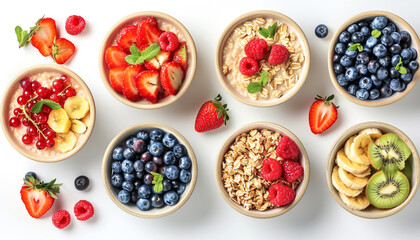 Wall Mural - Bowls of oatmeal with berries and fruits on whiite background