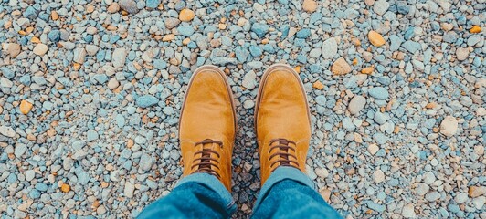 Stylish brown shoes on a gravel surface, capturing a trendy and casual outdoor vibe for fashion and lifestyle themes.