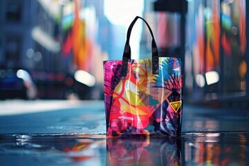 Canvas Print - A colorful shopping bag sitting on the ground, perfect for various uses including outdoor events or market scenes