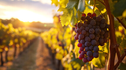 Close up of ripe purple grapes hanging on the vine in a vineyard at sunset, ready for harvest. The warm light of the setting sun illuminates the grapes, creating a beautiful and inviting scene