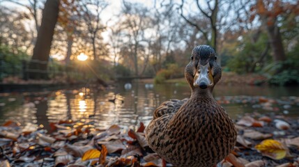 A beautiful autumn sunset scene featuring a curious duck by the edge of a tranquil pond surrounded by fallen leaves in a serene park