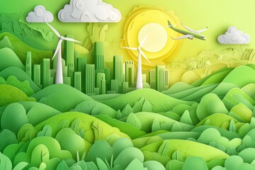 Wall Mural - An illustration of green industry and alternative renewable energy. An illustration of a green eco-friendly cityscape. A concept of ecology and the environment as represented by paper art.