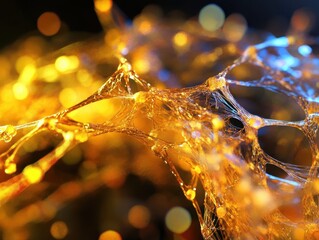 Wall Mural - Close-Up of Golden Abstract Network with Glowing Nodes and Bokeh Background