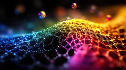 Wall Mural - Vibrant Abstract Digital Art with Colorful Mesh Network and Floating Spheres on Black Background