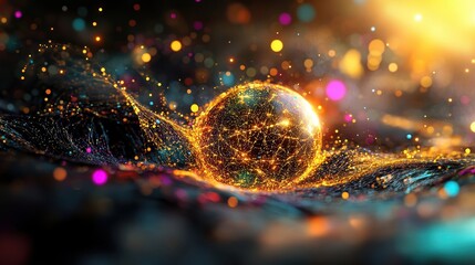 Wall Mural - Abstract Digital Art of a Glowing Sphere with Colorful Lights and Bokeh Effects in a Futuristic Setting