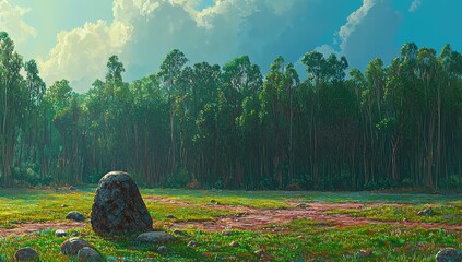 Wall Mural - It's summer in the forest, and there are trees and stones throughout the glade.