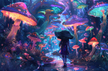 Sticker - A girl wearing a black hat and short dress stands in front of glowing mushrooms, surrounded by colorful lights