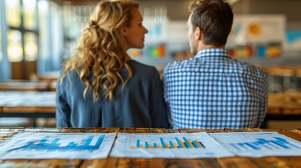 Two professionals review graphs and charts in a collaborative workspace during a business meeting