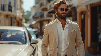 Wall Mural - Stylish man walking confidently in tailored suit on a sunny day in a vibrant city street