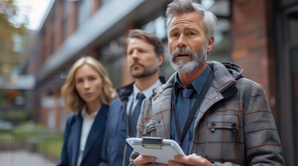 Group of professionals discussing plans outside a modern office building in the afternoon